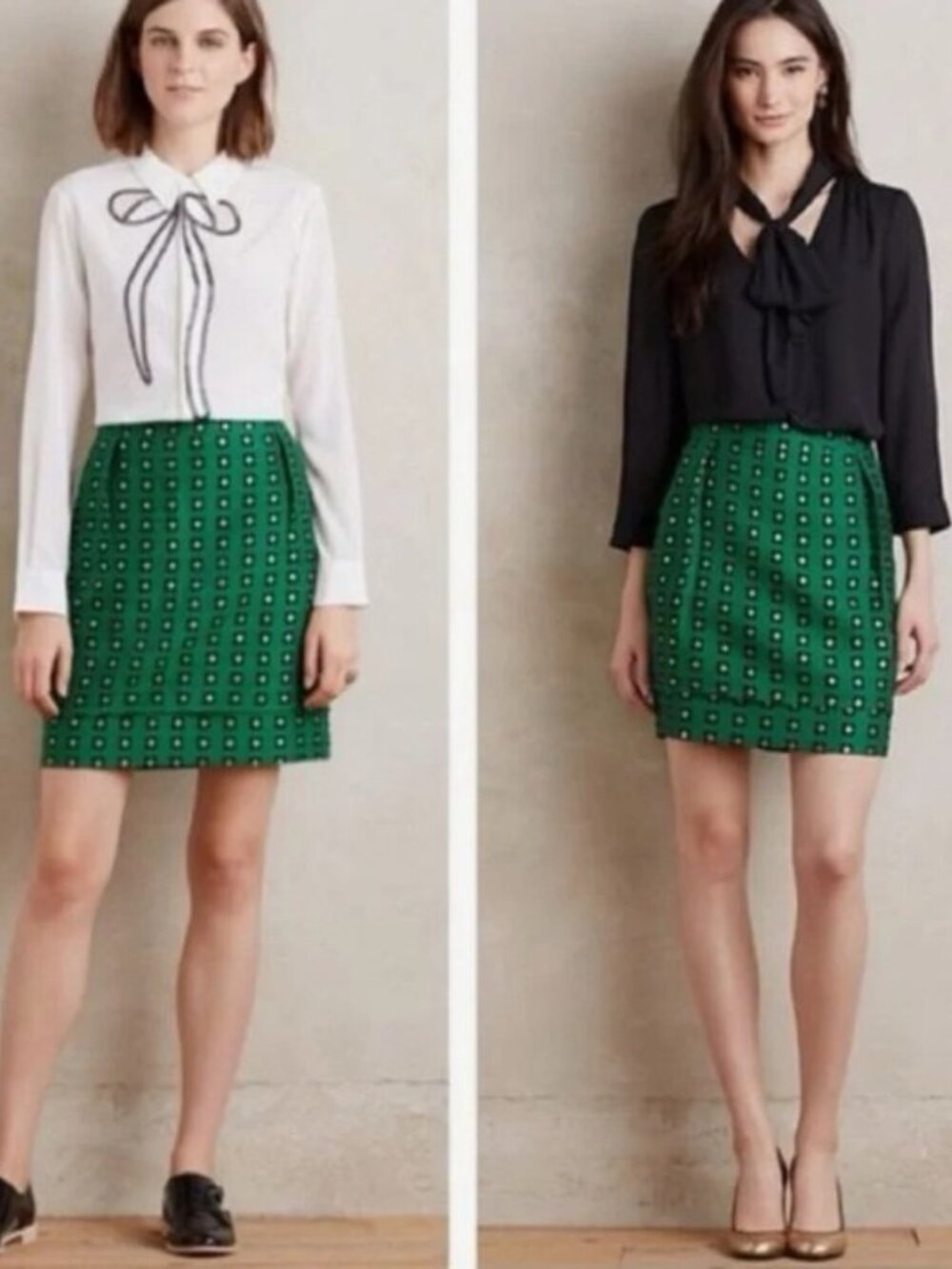 ANTHROPOLOGIE + HD in Paris Green & Gold Patterned Mini Skirt